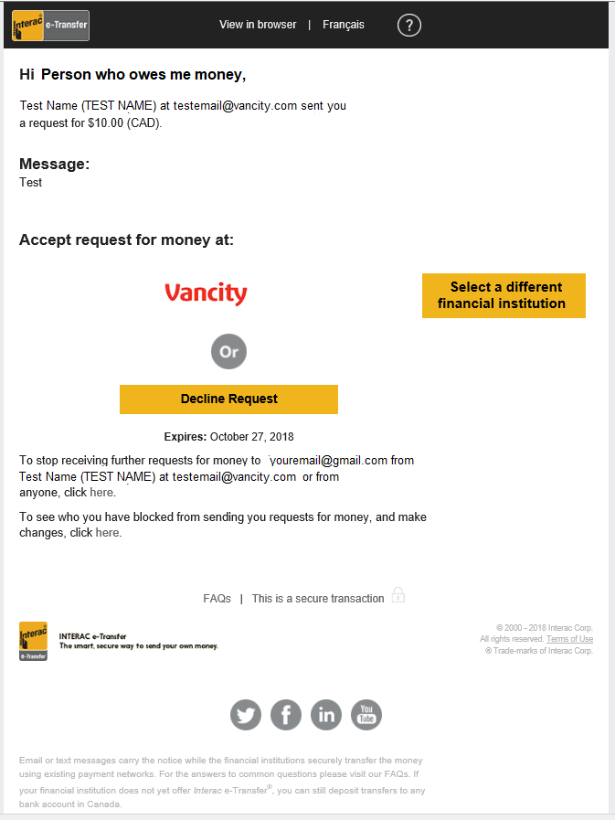 Sample email for Interac Request Money