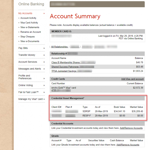 Account summary page with investment account added