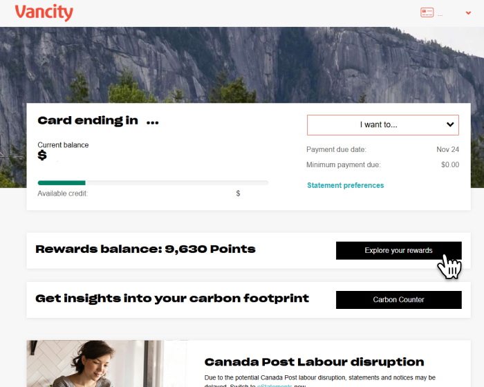 Screenshot of rewards balance on home page