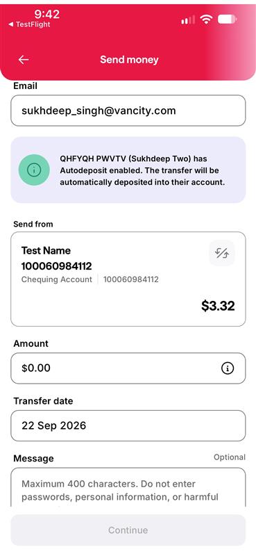 Send money screen in the mobile app showing the Send from, Amount, Transfer date and Message fields