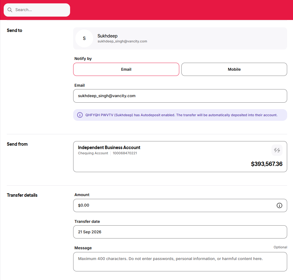 Send money screen on the website showing the Send to, Send from and Transfer details sections
